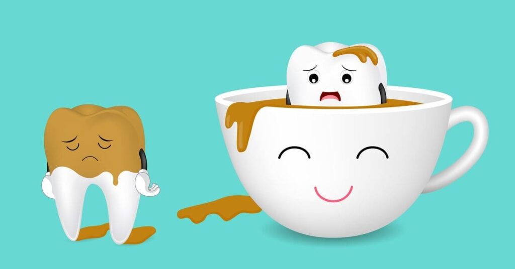 illustration of a tooth with a sad expression next to a cup of coffee