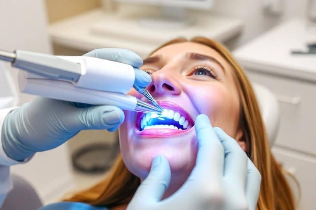 A dentist using a dental tool to treat a patient's teeth, with the mouth open and the procedure in progress