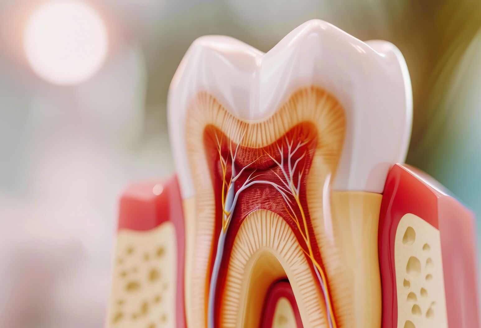 A 3D illustration of a tooth showing the internal anatomy relevant to root canal treatment, highlighting the pulp chamber and root canals.