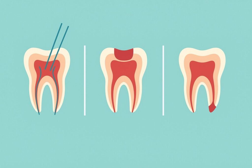 ما الفرق بين علاج العصب، استئصال اللب الجزئي، وقطع قمة الجذر؟