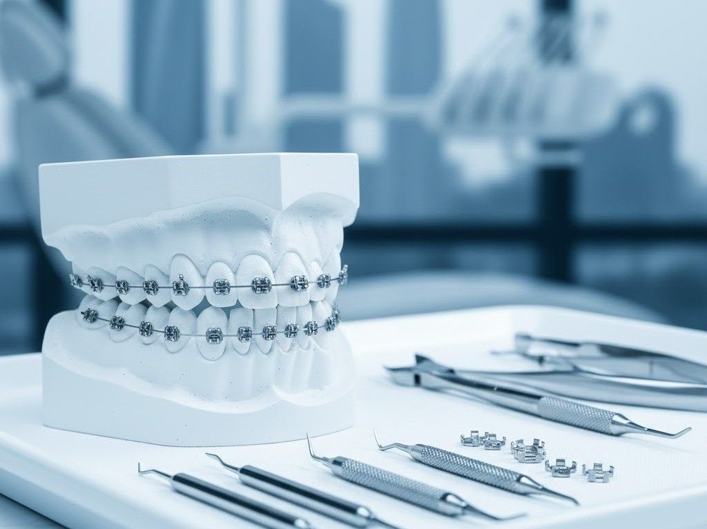 Dental model with metal braces illustrating traditional orthodontic treatment in Abu Dhabi clinics